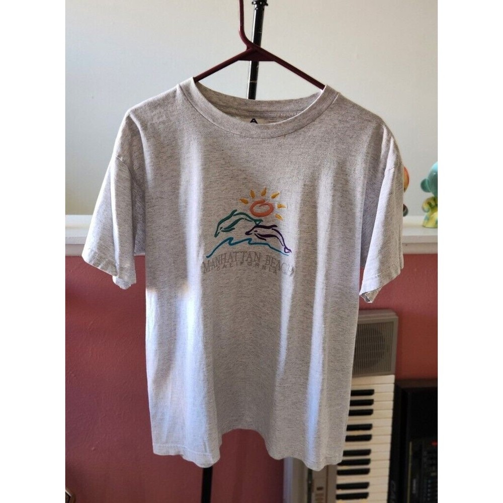 Manhattan Beach Tshirt - Vintage Embroidered Dolphin Shirt - Size Large Neon 90s